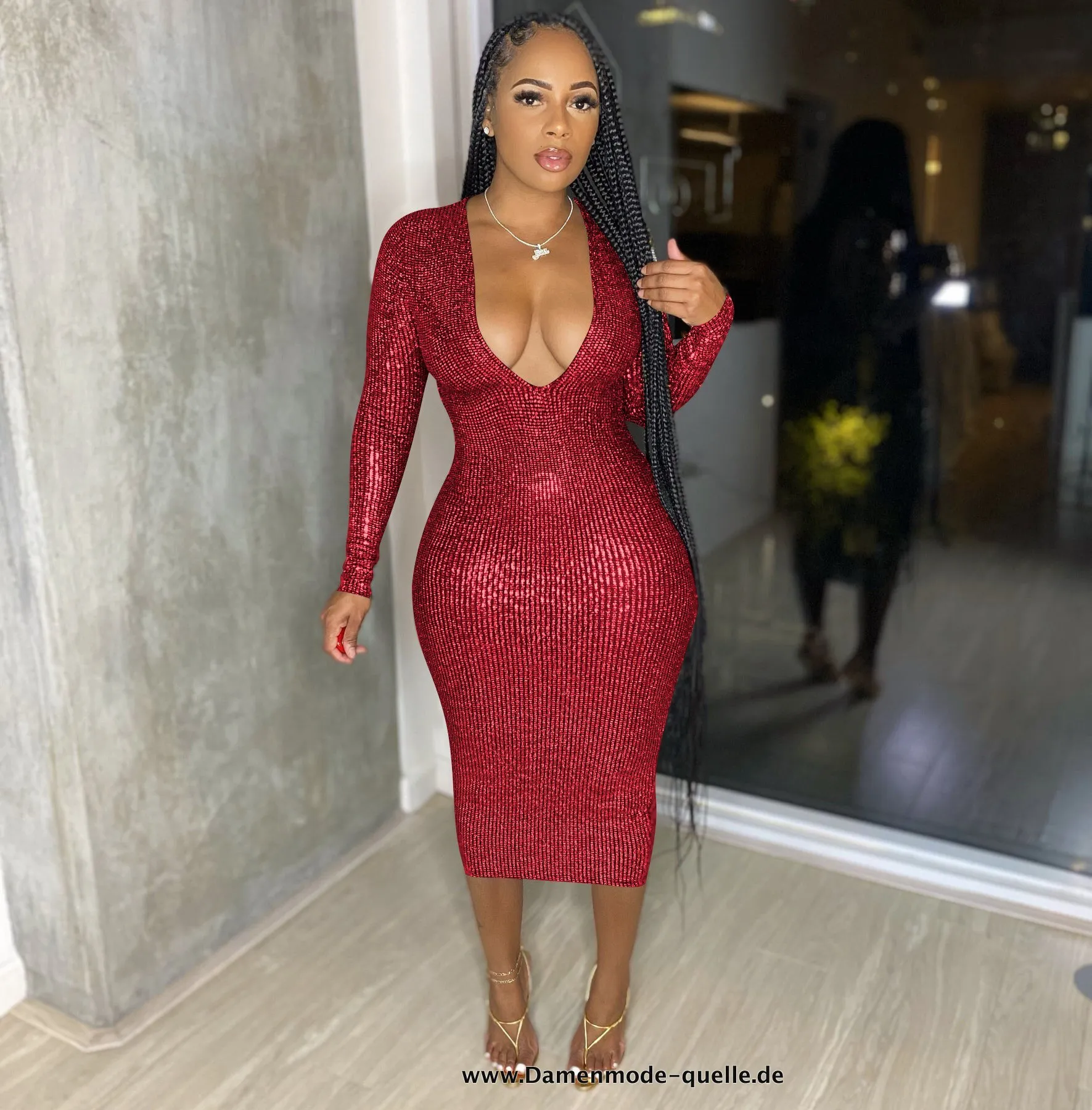 Damen V-Ausschnitt Langarm Bodycon Kleid in Rot