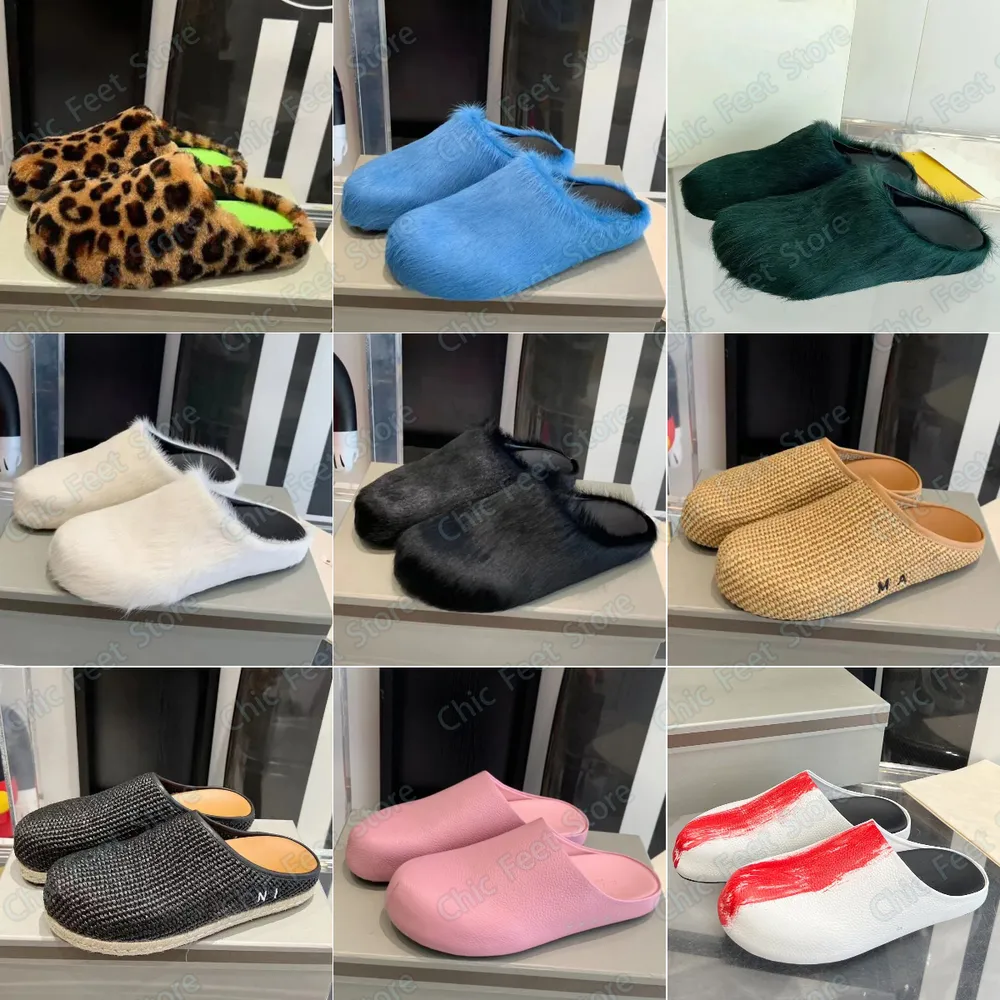 Designer-Slides von Fussbett, Sabot-Sandalen, Komfort-Pelz-Clog, Raffia-Strand-Sommer-Loafer, langes Kalbshaar-Leder, Shearling-
