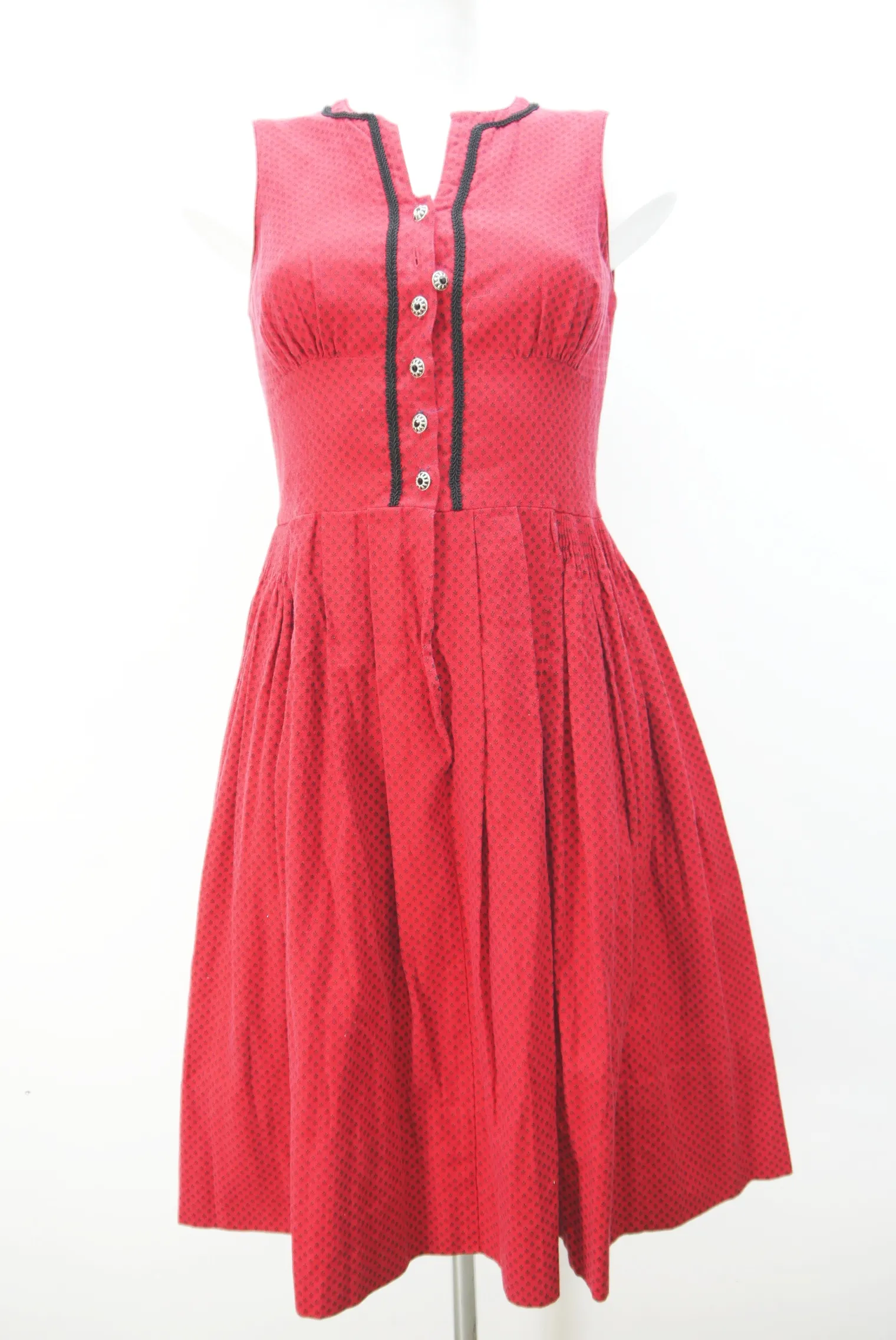 Handarbeit Vintage Dirndl warm Brustrüschen rot hochgeschlossen m. Schürze Gr.34