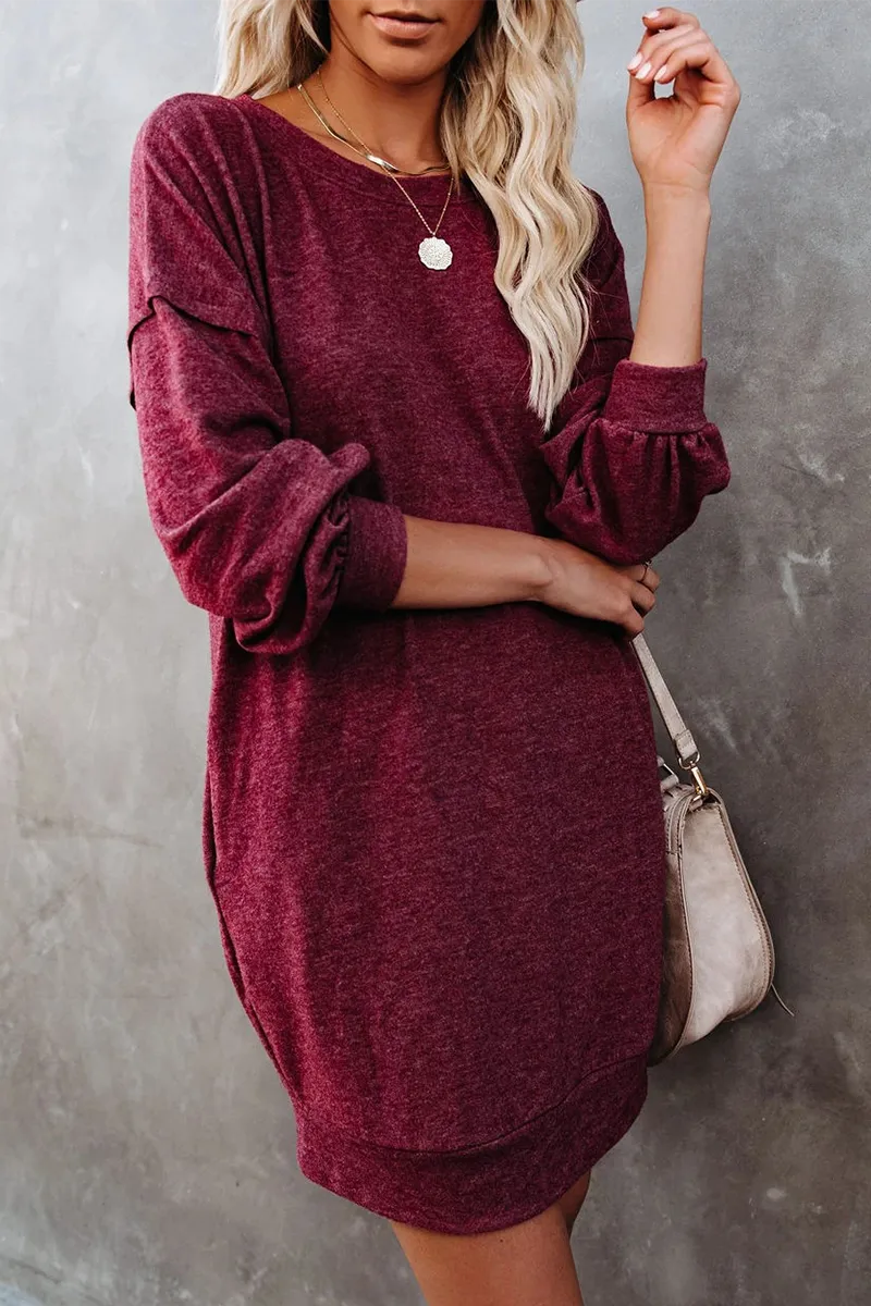Langes Ärmel Rundhals Kleid mit Taschen