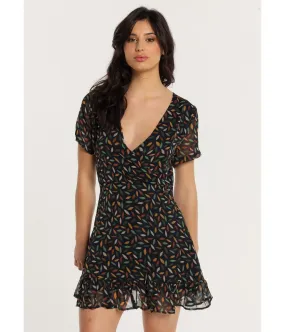 LOIS JEANS - Kurzes überkreuztes Kleid mit kurzen Ärmeln und Mini-Blatt-Print