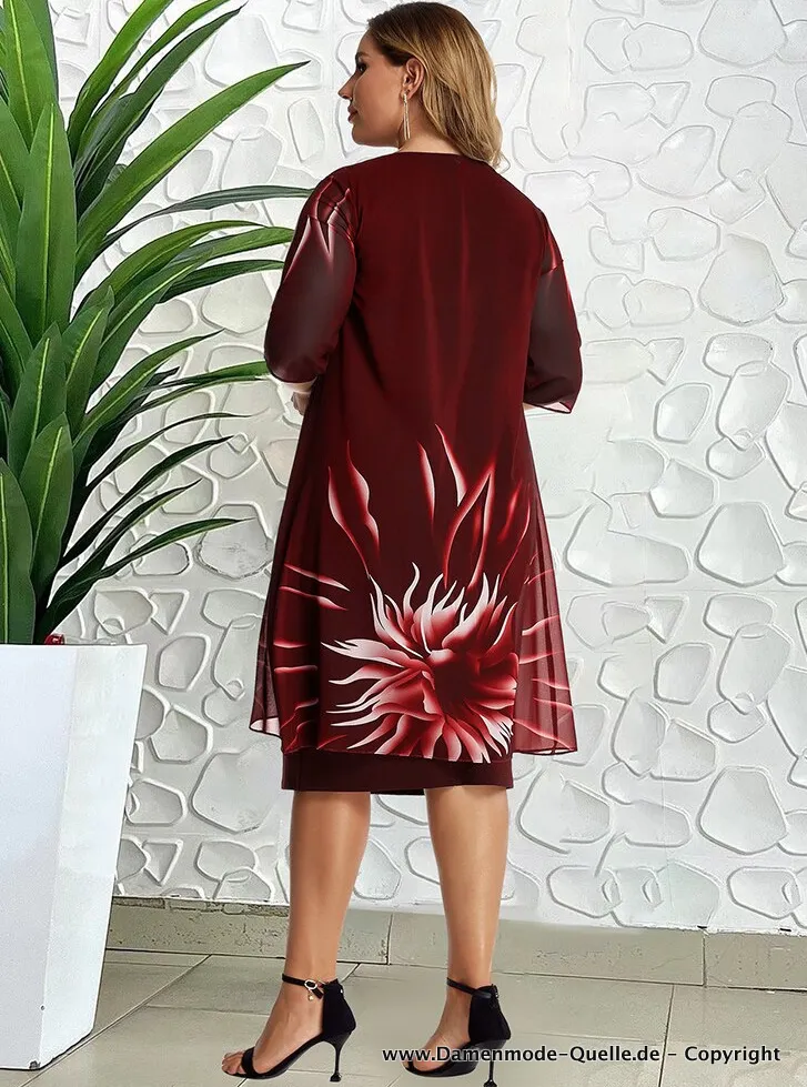 Plus Size Kleid 2023 Elegant in Weinrot mit Blumenmuster