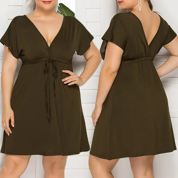 Sexy V-neck Short Sleeve Solid Color Oversized Dress