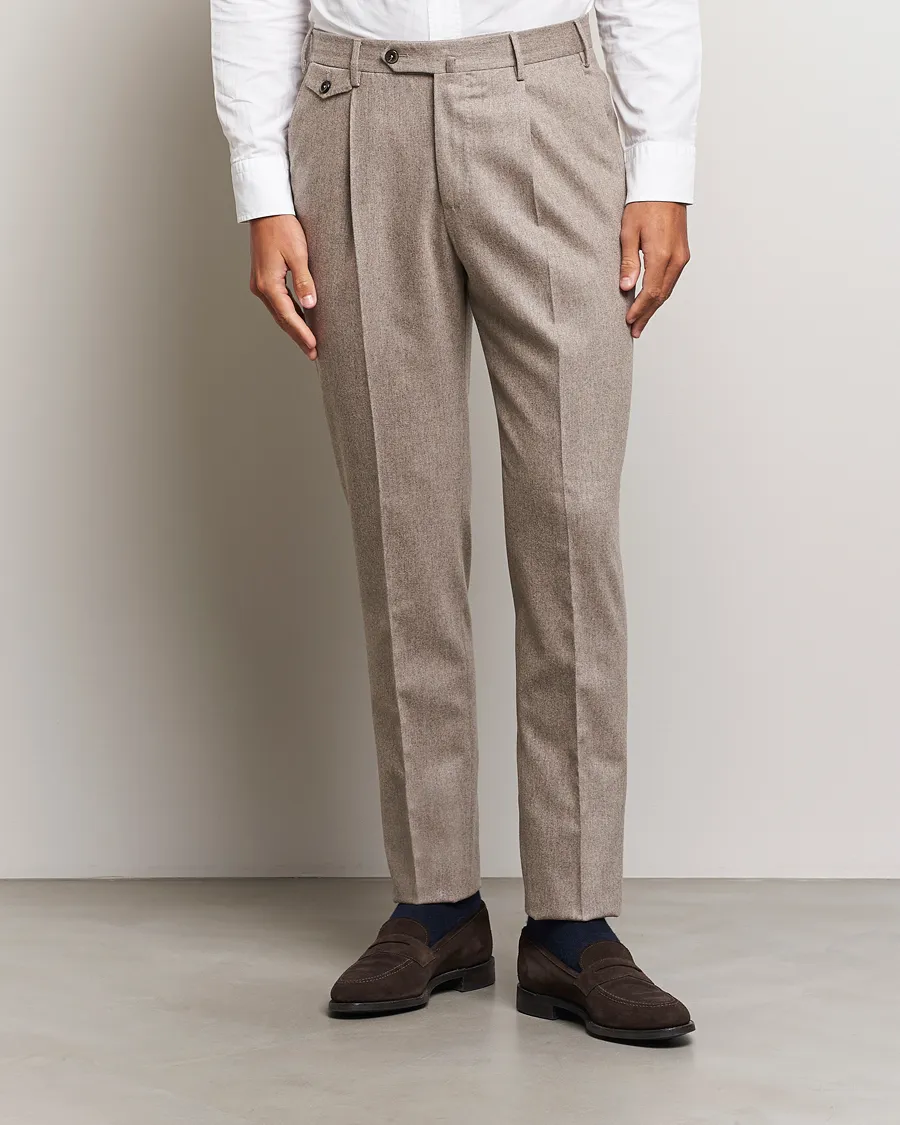 Slim Fit Pleated Wool/Cashmere Trousers Beige