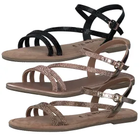 Tamaris Damen Leder Sandale Strass Steine flach