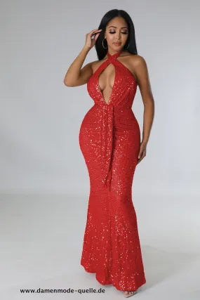 V-Ausschnitt Pailletten Bodycon Midi Meerjungfrau Maxi Kleid 2023 in Rot