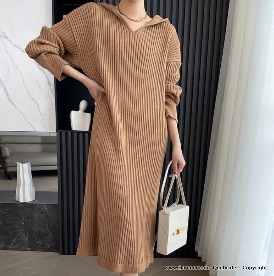 Winter Sweater Kleid Strickkleid Wadenlang in Beige mit Kapuze