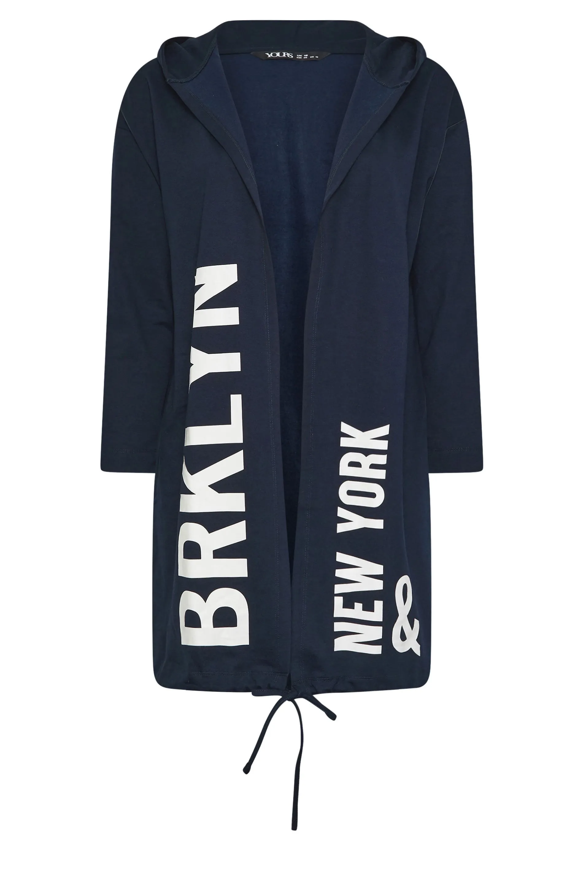YOURS – Lang geschnittener Hoodie in Marineblau mit „BRKLYN“-Schriftzug